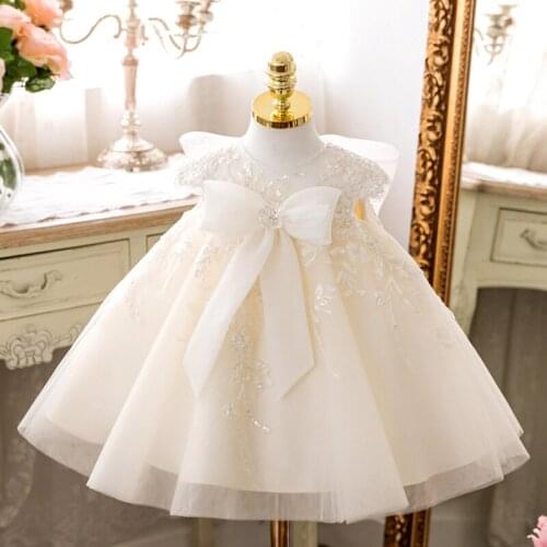 High Qualty Baby Infant Birthday Party Dress White Embroidery Tulle Anniversary sleeveless bow formal dresses christening dress