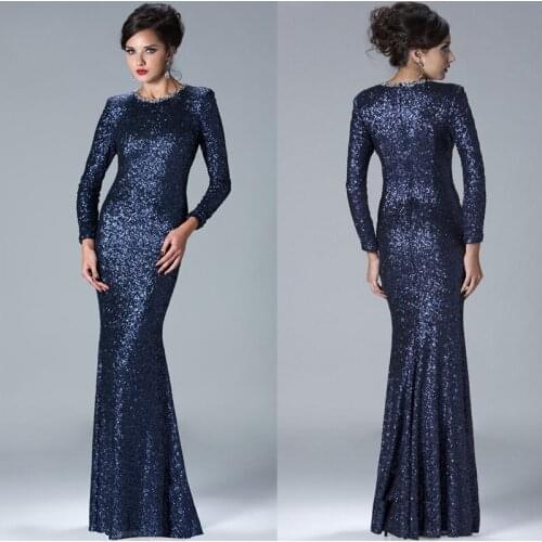 Célébrité robes 2021 Navy Blue Fashionable Sequin Long Party Formal mermaid dubai Long Sleeve Mother Of The Bride Dresses