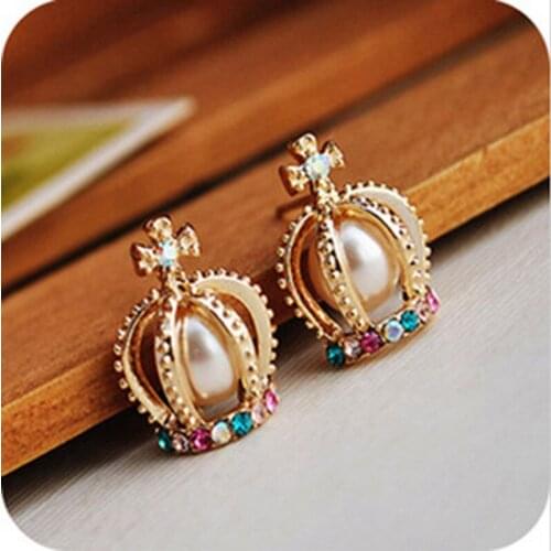 Crown Simulated Pearl Rhinestone Cross Stud Earrings Retro Gold Color Charm Crystal Zircon Earring Women Ear Jewelry Accessories