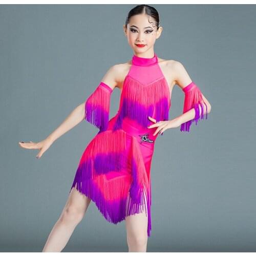 Girls Latin Dance Performance Costume Rose Pink Tassels Latin Competition Dress Samba Rumba Practice Clothes Stage Wear BL6859