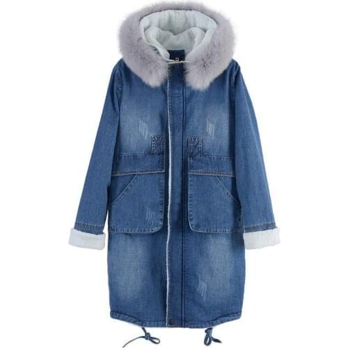 Autumn Winter Bomber Jacket Women Denim Hooded Long Coat Fur Collar Basic Slim Windbreaker Wild Thick Warm Outwear Plus Size New