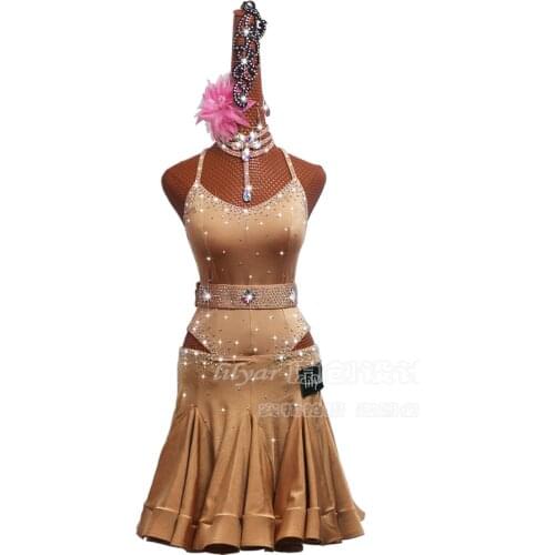 Latin dance skirt performance clothing performance clothing adult children skin color nude flash diamond fish bone skirt dress