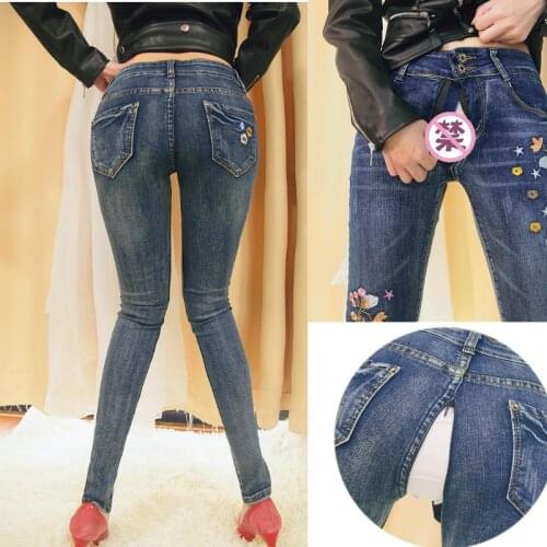 Outdoor Sex Pants Denim Dark Blue Flower Embroidery Slim Women Jeans Sexy Open Crotch Pants Couple Dating Funny Trousers