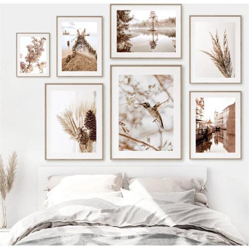 Lake Forest Landscape Canvas Poster Flower Reed Grass Beige Wall Art Print Painting Bird Nordic Wall Pictures Living Room Decor