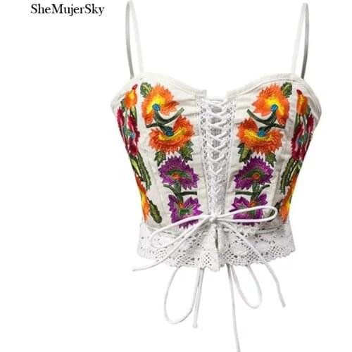 2017 Floral Embroidery Crop Top Women Summer Tops Bandage Cropped Backless Clothing