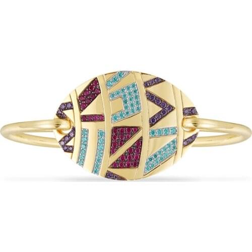 SOELLE Fashion Real 925 Sterling Silver Multicolor Stones Tribal Bangle with Oval Plate Geometric Shapes Women Mana Bracelet