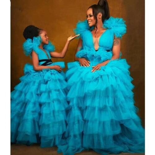 Blue Ruffles Tulle Mother and Daughter Dresses For To Birthday Party Long Pageant Ball Gowns GirlsTiered Flower Girl Dresses