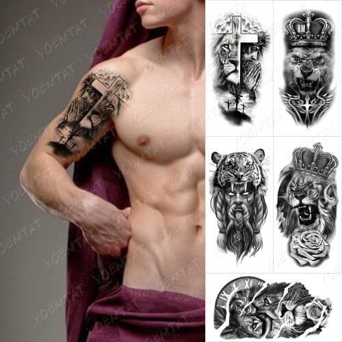 Waterproof Temporary Tattoo Sticker Praying Cross Lion Tatto Arm Wolf Cross Wild Animals Body Art Arm Fake Sleeve Tatoo Men