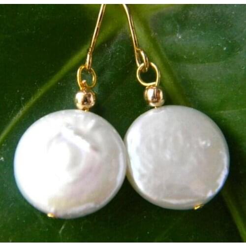 Jewelry Free Shipping hot sell 14mm White Coin Freshwater Pearl Earring