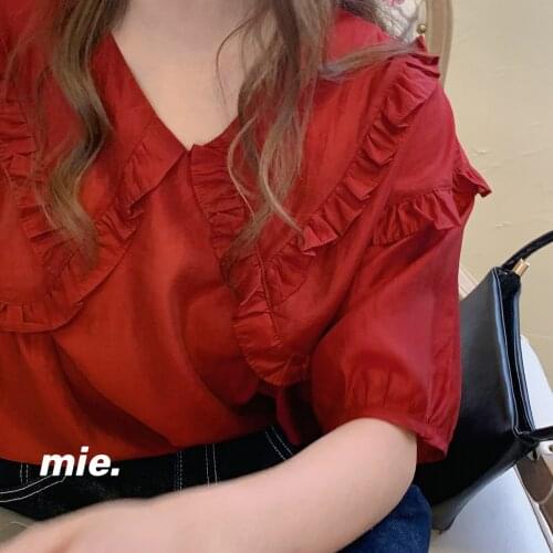 Vintage Red Ruffles Peter Pan Collar Shirt Women 2021 Summer Fashion Loose Puffs Sleeve V-neck Thin Crop Top Blouses Streetwear