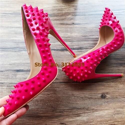 Women Red Fuchsia Black Patent Leather Rivets Heels Pumps 12cm Stiletto Heels Shallow Pointed Shoes Wedding Pumps Studded Shoes