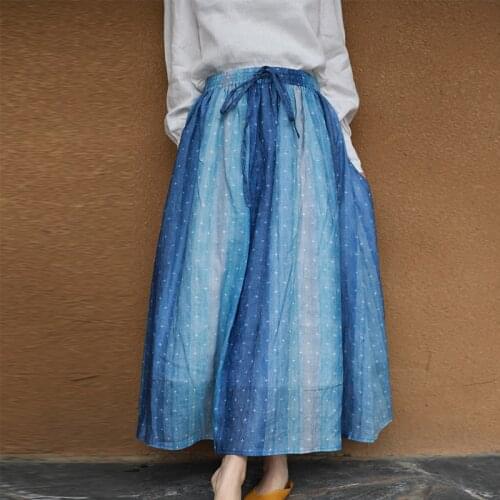 Johnature Women Ramie Print Floral Skirts Vintage Loose Elastic Waist Skirts 2021 Summer New Casual Ankle-lenght Skirts