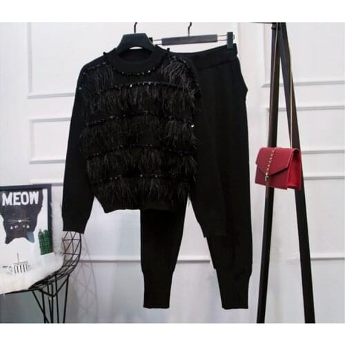 2019 Fall/winter womens knit pantsuit Chic feather tassels sweaters + casual pants two piece set A909