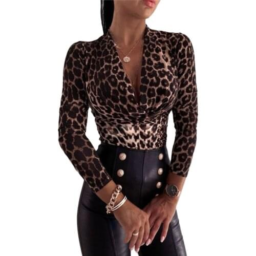2021 Women Sexy Leopard Print Bodysuit Tops Autumn Ladies V-neck Long Sleeve Bodycon Clubwear Skinny Bodysuits Jumpsuits