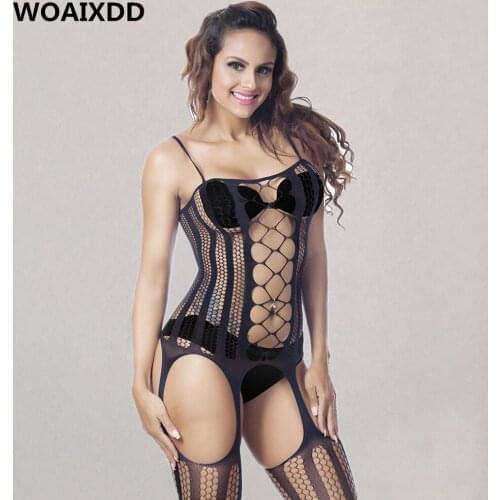 Plus Size Sexy Soft Fishnet Lingerie Women Hollow Transparent Bodystockings Erotic Mesh Halter Underwear Girl Intimates Pajamas