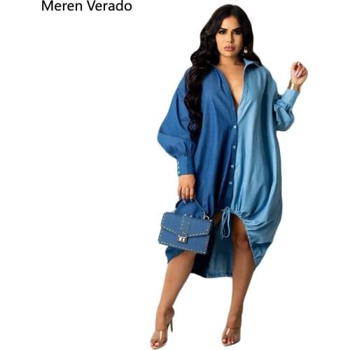 Meren Verado Plus Size Loose Turn-down Collar Shirt Dress Casual Contrast Color Patchwork Shirring Hem Women Mini Dresses Fall