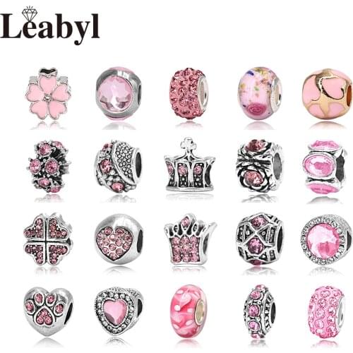 4PCS/LOT Leabyl European & American Pink Crystal Alloy Charms fit Bracelet Tibetan Silver Crown Heart Flower Bead for DIY Making
