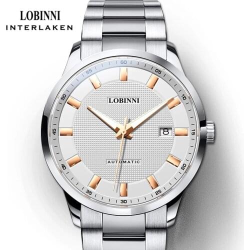 LOBINNI Top Brand Classic Stainless Steel Automatic Mechanical Watches Men Ultra Thin White Dial Analog Waterproof Watches