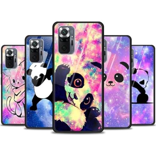Pink Glitter World Panda Tempered Glass Cover For Xiaomi Redmi Note 10 10S 9 9T 9S 8T 8 9A 9C 8A 7 Pro Max Phone Case