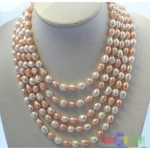LONG 100" 9-10MM WHITE PINK BAROQUE FRESHWATER CULTURED PEARL NECKLACE