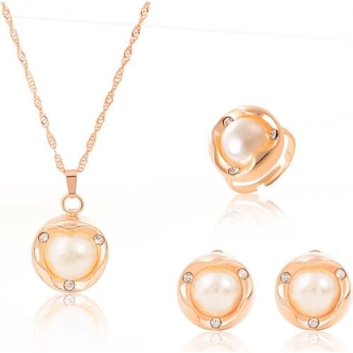 Top Fashion Imitation Pearl Jewelry Set Gold color Crystal Bridal Party Jewelry Set For Woman 3 pcs/set