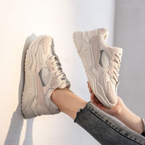 White Women Shoes Chunky Sneakers For Women Lace-Up Vulcanize Shoes Casual Fashion Dad Shoes Platform Sneakers Basket Drop Ship