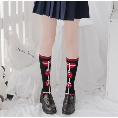 Harajuku Cute Strawberry Women High Socks Japanese Style Lolita Korean Kawaii Print Anime Girls Jk Funny Black Long Socks Set