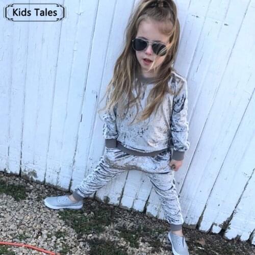 2021 Autumn Winter Velvet Kids Baby Girls Clothes Sets Solid Long Sleeve T-shirt Tops + Pants 2PCS Outfit Sets Tracksuit Cute