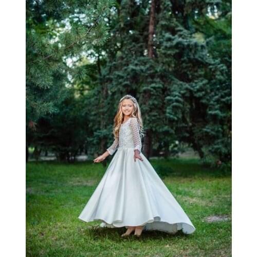 Long Sleeve Net Check Flower Girls Dresses A Line Elegant Princess Girls Dress For Wedding Girl Check Net Girl Photography Dress