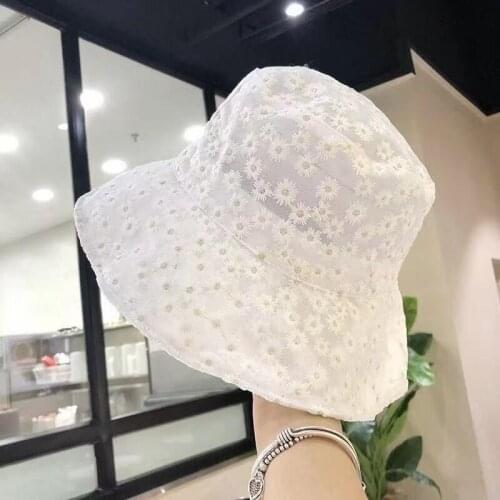 2021 Spring and Summer Womens Sunscreen Sun Hat, Daisy Embroidery Lace Breathable Fisherman Hat, Bucket Hat, Basin Hat
