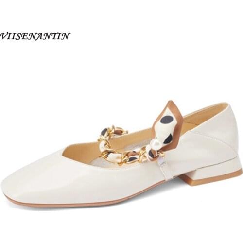 Autumn New Style Ribbon Chain Pearl Stitching Shallow Mouth Square Toe Flat Mary Jane Shoes Retro Word Belt Single Shoes