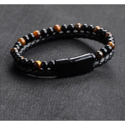 Vintage Handmade Beaded Leather Double Layer Bracelet Bangle Mens Fashion Valentines Day Gift Jewelry