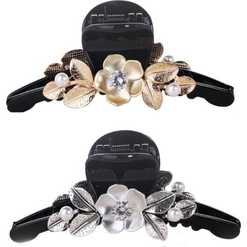Fashion Black Acrylic Hair Claw Metal Flower Embellished Hair Clips Pearl Crystal Inlaying Hair Accessories