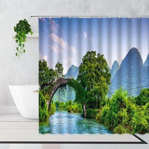 Chinese Style Garden Natural Scenery Shower Curtain Mountain Water Retro Pavilion Landscape Home Decor Background Bath Curtains