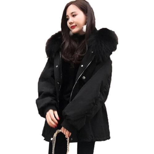 Womens Cotton Clothes Autumn Winter New Big Fur Collar Mid Long With Loose Zippers Down Cotton Clothes Keep Warm Ladies Jacket