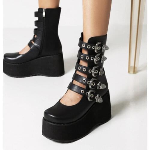 Wedge Heel Belt Buckle Fashion Boots Women 2021 Autumn New Retro Muffin Bottom Plus Size 43 44 Shoes Ladies Mary Jane High Heels