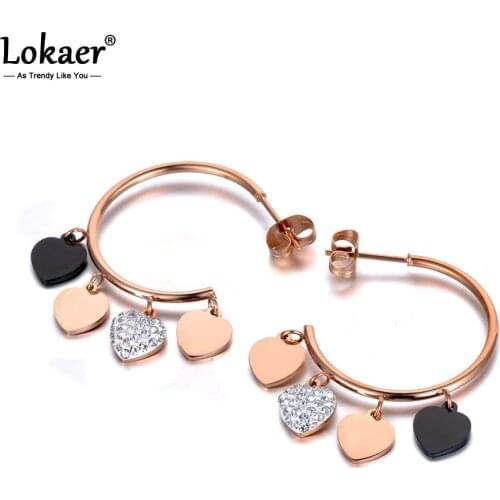 Lokaer Bohemia Style Titanium Stainless Steel Love Heart Earrings Trendy Rhinestone Party Earrings Jewelry For Women Girl E19316