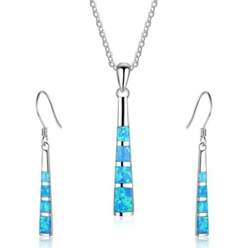 Fashion Long Tassel Striped Accessories Set For Women Imitation Blue Fire Opal Pendant Necklace Earrings Women Wedding Jewelry