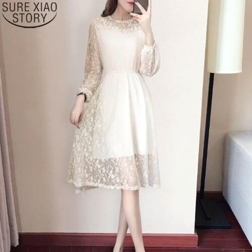 Fashion Knee-length Floral Dresses Koream Style Slim 2021 Spring Dress Women Lace Dress Beading O-neck Long Sleeve Dresses 13456