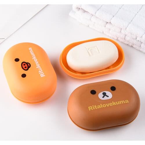 1pcs lovely Bear Pattern Home travel Soap Dishes waterproof leakproof soap holder soap box with Cover bathroom set