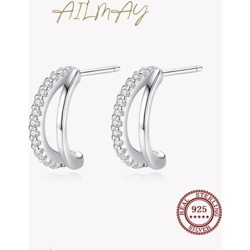 Ailmay Authentic 925 Sterling Silver Sparkling CZ Simple Luxury Geometric Line Design For Women Wedding Engagement Jewelry