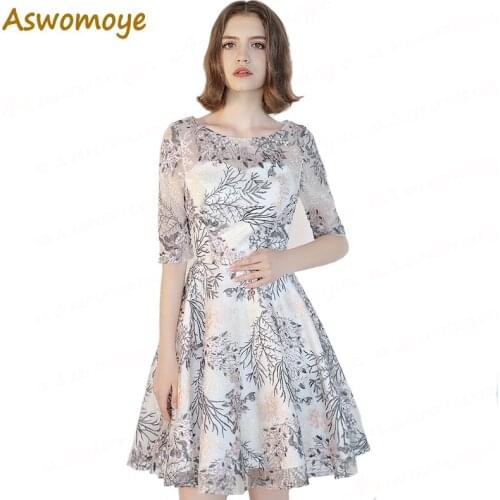 Aswomoye Evening Dress 2018 New Stylish Appliques Evening Gown Party Dress Half Sleeve Sexy Illusion O-neck robe de soiree