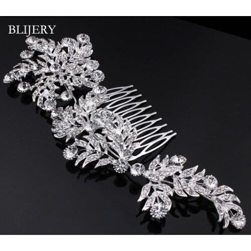 BLIJERY Luxury Rhinestone Crystal Bridal Hair Combs for Women Large Floral Wedding Hair Jewelry Accessories Brides Headwear