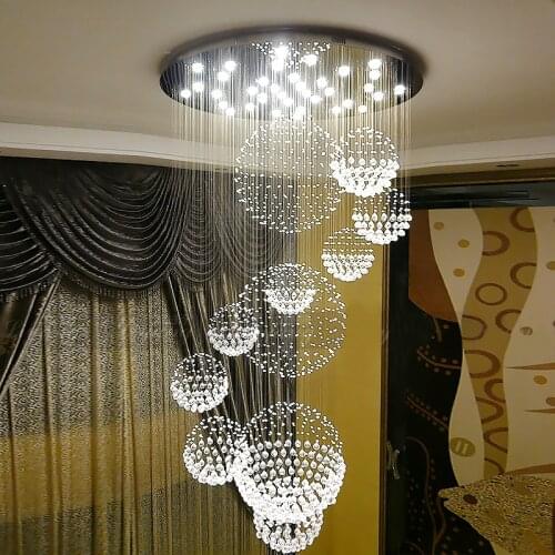 Sphere Hanging Lights Spiral Rain Drop Clear LED K9 Modern Crystal Chandelier Lighting Fixture for Staircase Lamps Chandeliers