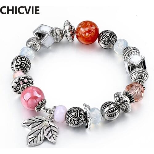 CHICVIE Stainless Steel Maple leaf Crystal Beads Bracelets & Bangles For Women Charms Bracelet Custom Boho Bracelets SBR180014