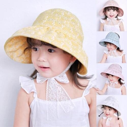 Floral Kids Empty Top Wide Brim Lace Chin Strap Suncap Summer Protective Hat