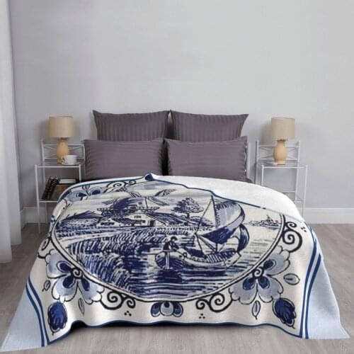 Dutch Blue Delft Vintage Windmill Print Throw Blanket Convertible Sofa Bed Beach Cover Sofa Blanket Bedspread 135 Anime Blanket