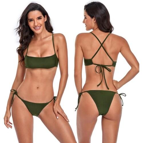 2021 New Sexy Fashion Bikini Strap Solid Color Briefs Printed High Waist Split Beach Swimming Suit