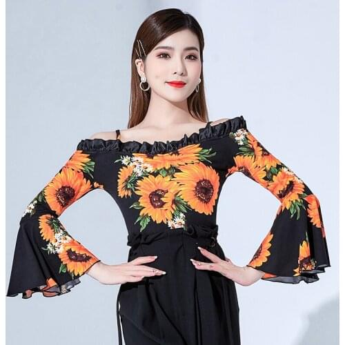 Off-Shoulder Ballroom Dance Leotard Flared Sleeves Sunflower Waltz Tango Dancing Performance Clothing Rumba Stage Costume YS2086