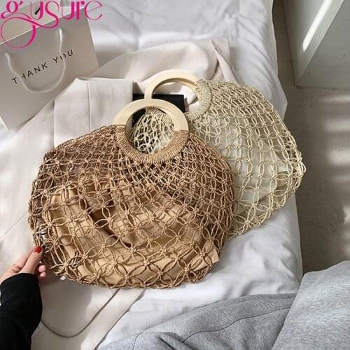 Gusure Summer Beach Vacation Women Straw Woven Large Capacity Handbag Vintage Hollow Tote Bag Ladies Top-handle Shopper Purse